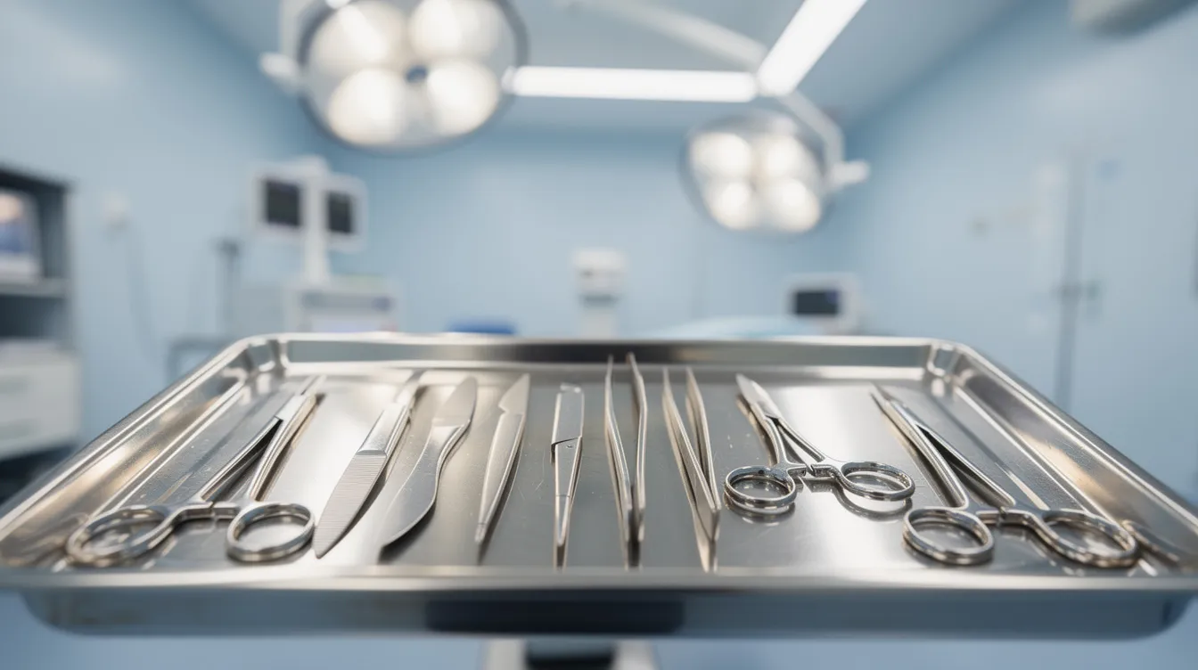 La imagen muestra una bandeja metálica con instrumentos quirúrgicos estériles dispuestos ordenadamente en un quirófano bien iluminado, listos para un procedimiento de blefaroplastia. Estos instrumentos se usan en la cirugía de párpados inferiores para tratar las bolsas debajo de los ojos.