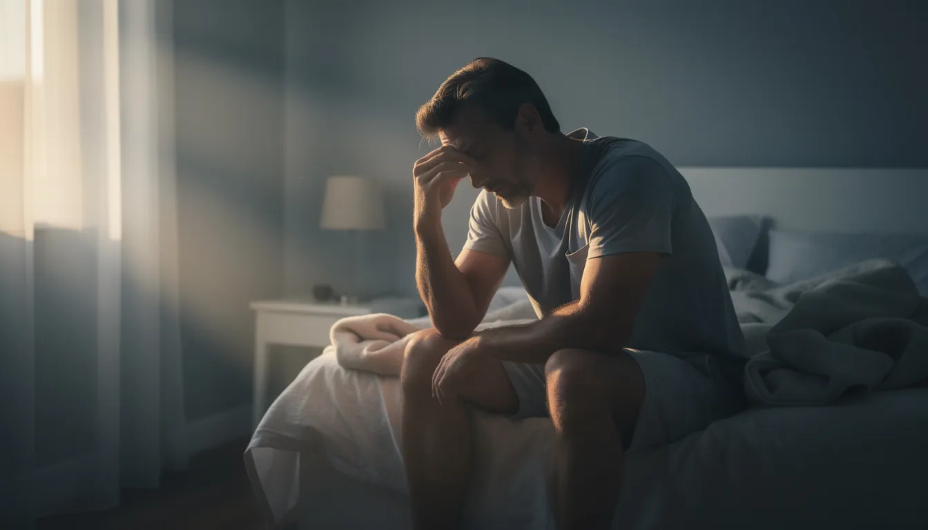 A father sits on the edge of a bed at dawn, rubbing his eyes as soft morning light filters through the window, embodying the quiet strength and love of an earthly father. This tender moment captures the essence of fatherhood, reminding us of the importance of family and the emotional journey they navigate together.