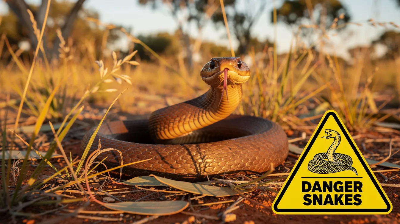 The image depicts a brown snake slithering through the Australian bush grass, serving as a warning illustration about the dangers of snake bites in the region. This visual highlights the importance of awareness for dog owners, as encounters with wild animals can pose serious risks to their pets.