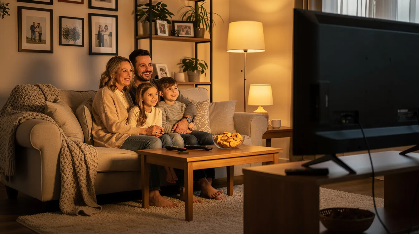 A joyful family is gathered on a comfortable couch in a bright living room, enjoying their time together while watching a large smart TV. The scene captures the essence of family entertainment, possibly streaming their favorite shows through an IPTV service on a reliable device.
