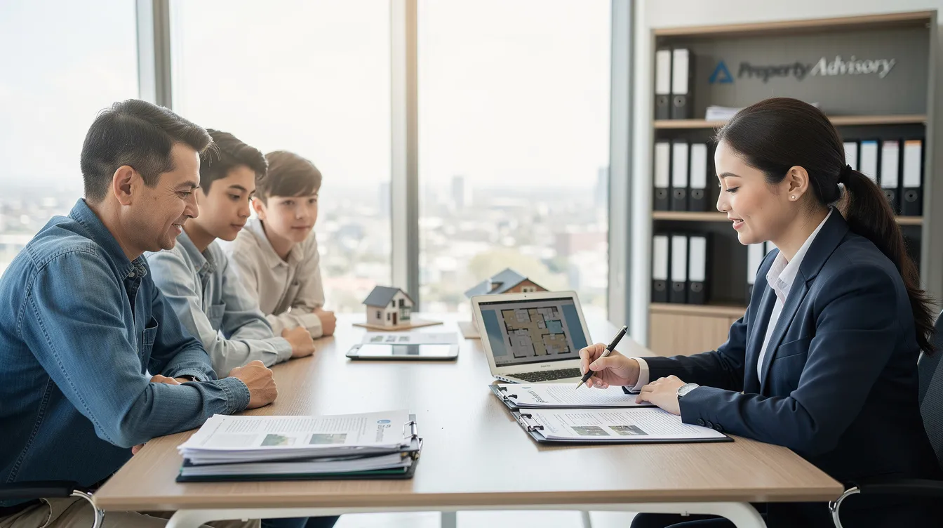 The image depicts a professional meeting between an advisor and a family, as they discuss essential property documents related to gifting property in Dubai. The atmosphere is focused and collaborative, highlighting the importance of understanding the property gifting process, including eligibility criteria and required documents like marriage and birth certificates.