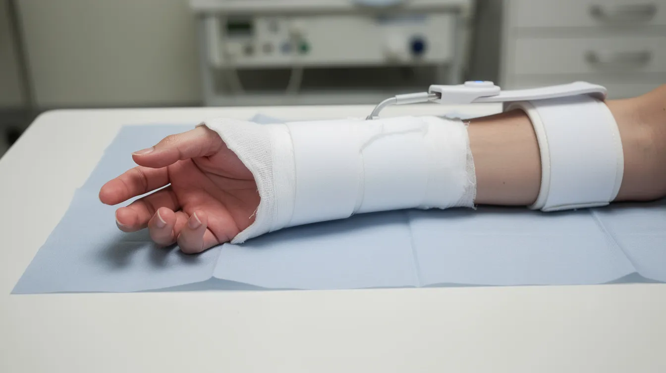 The image shows an injured hand resting in a medical brace, signifying a workplace injury that may require medical treatment and workers compensation benefits. This visual representation highlights the need for support and financial assistance for injured workers navigating the workers compensation process.