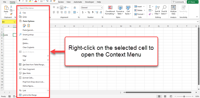 Creating hyperlinks using the Context Menu in Microsoft Excel