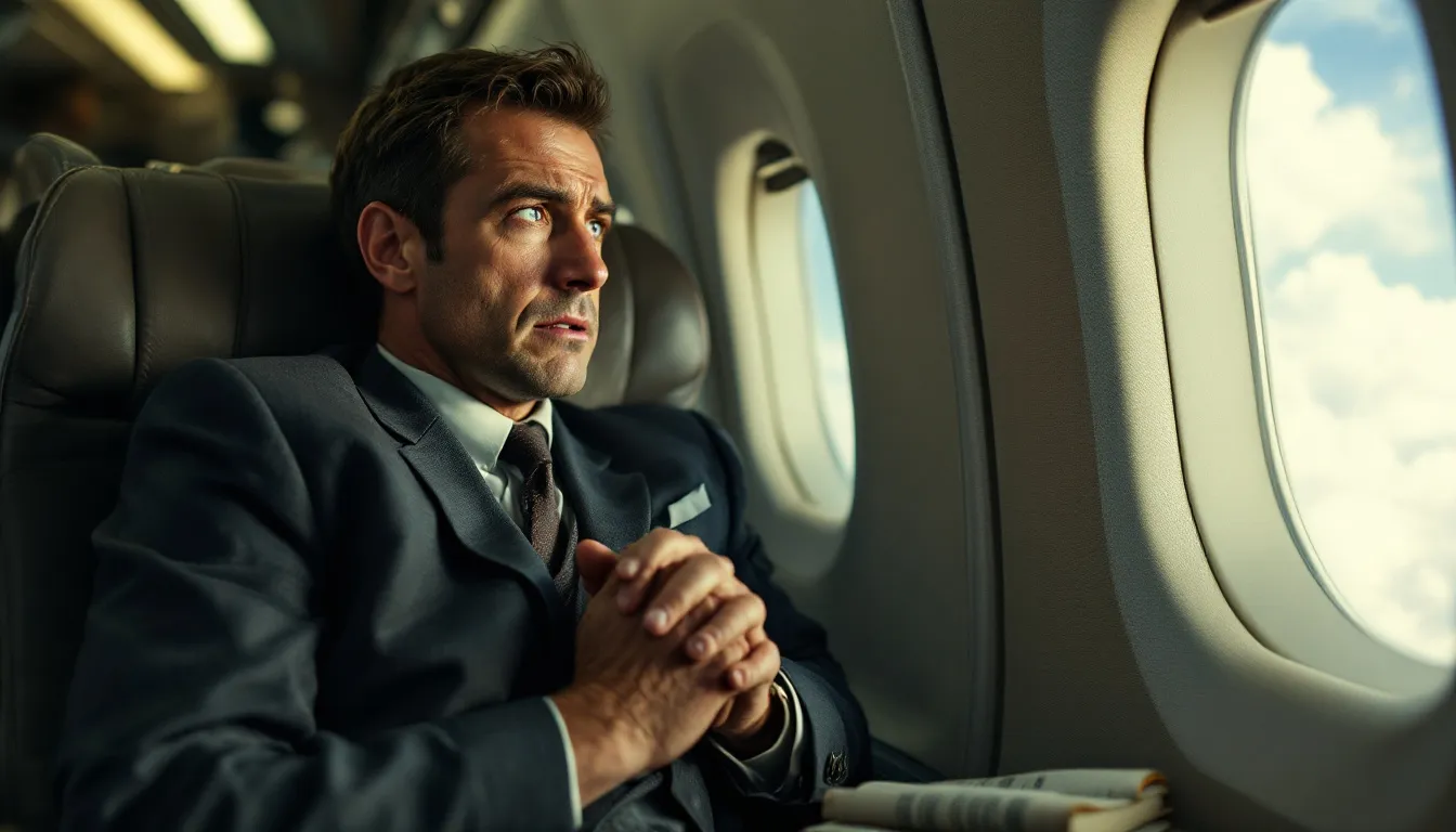 A person looking anxious while sitting in an airplane seat, reflecting on their fear of flying.