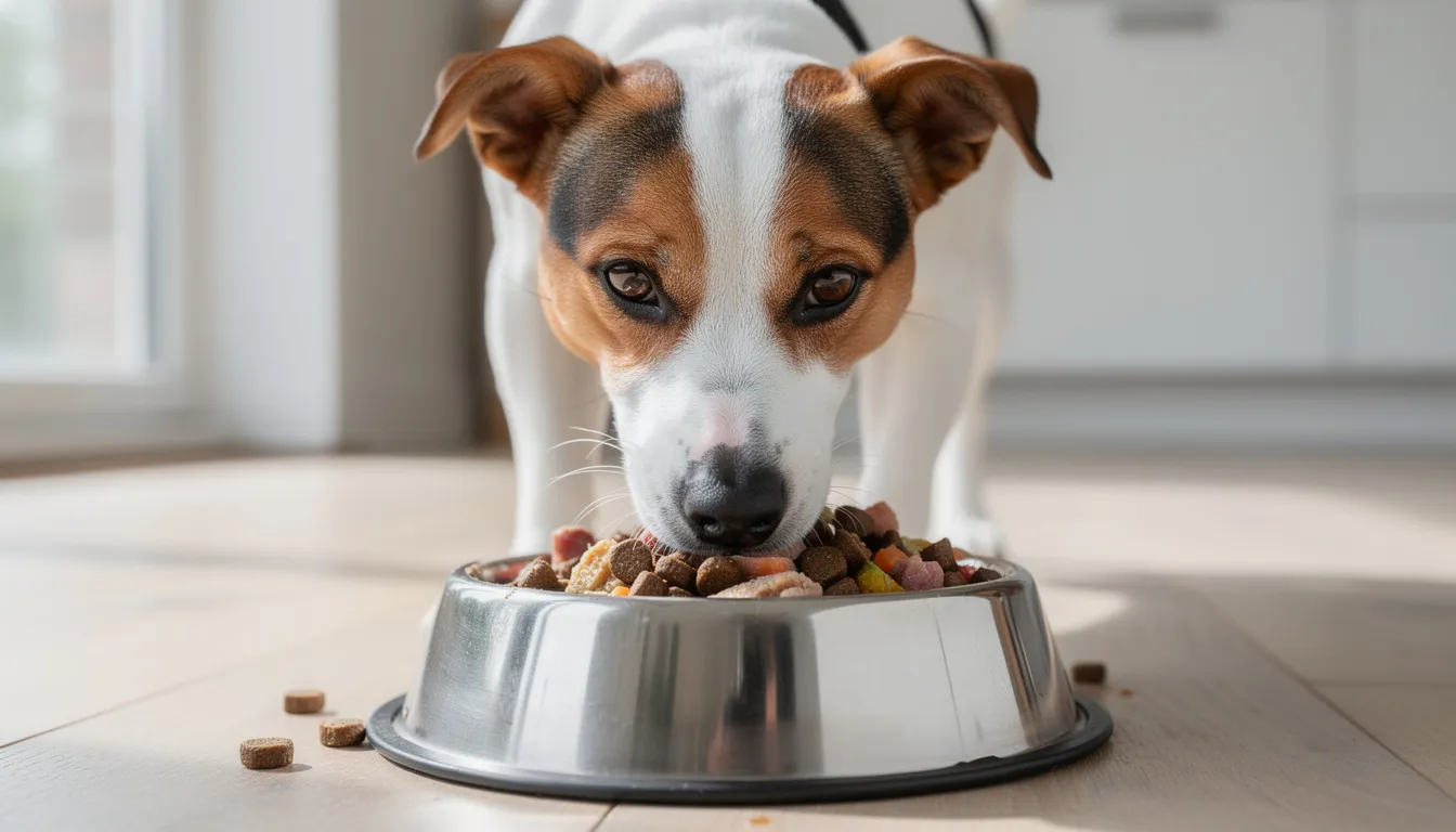 A Danish-Swedish Farmdog is happily eating high-quality dog food from a bowl, showcasing its fawn-colored coat and bright, intelligent eyes. This healthy breed is known for its playful temperament and is a great companion for families and individuals alike.