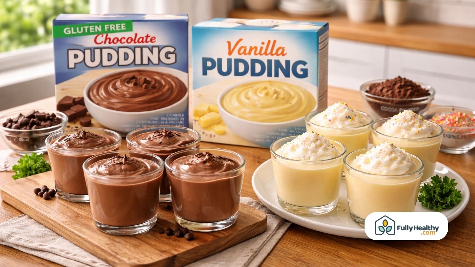 Gluten free chocolate and vanilla pudding cups on table