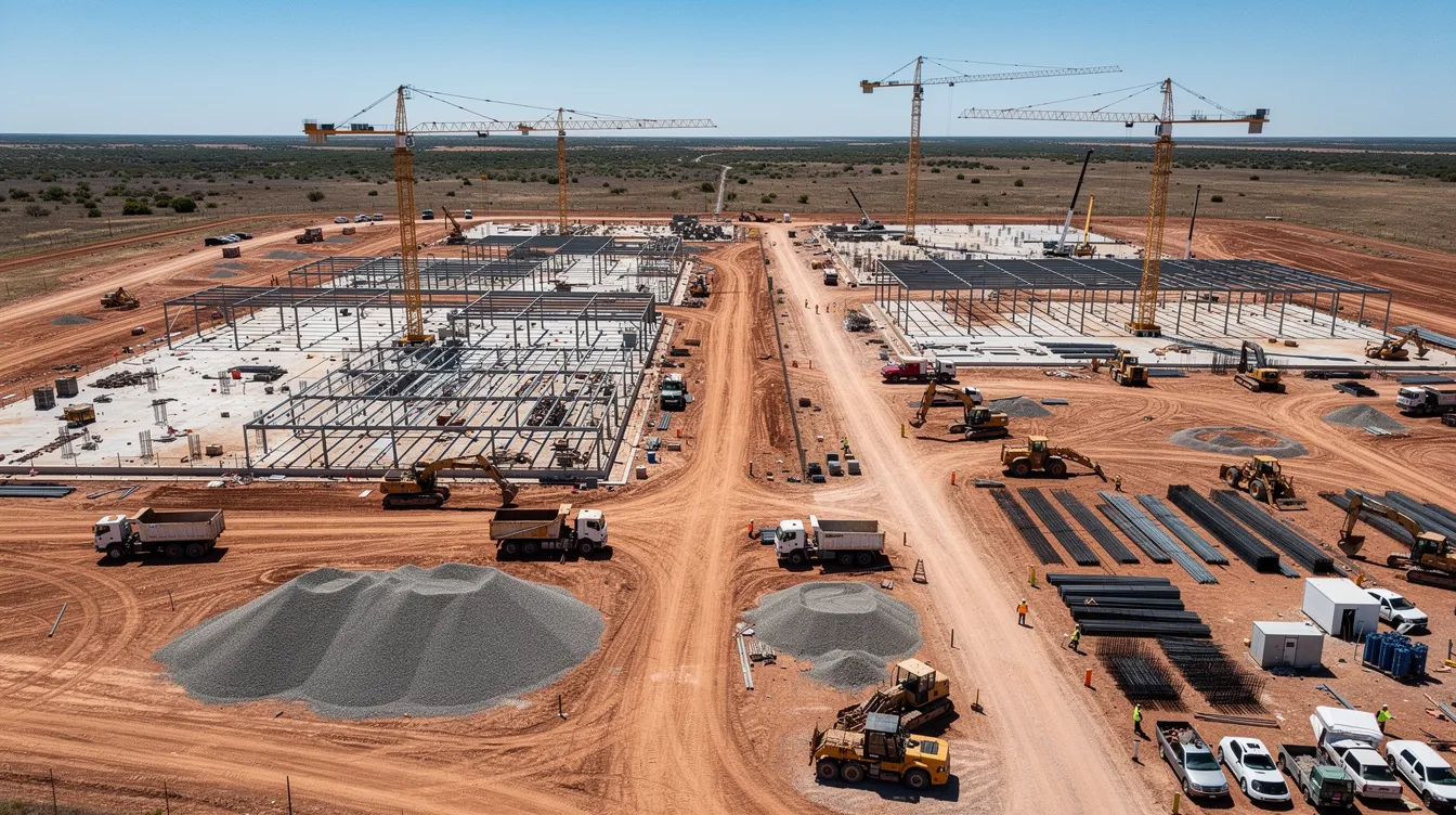 An aerial view captures a vast commercial construction site in Central Texas, featuring cranes and heavy earthmoving equipment amidst the flat terrain. This site is poised for the development of large data centers, highlighting the region's role in attracting investment from technology companies and data center developers.