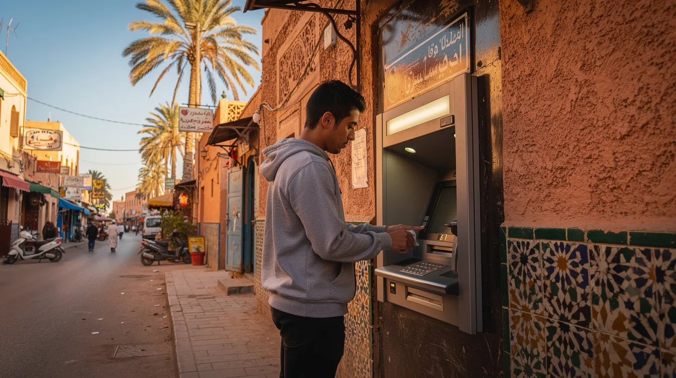 A person is withdrawing cash from an ATM on a sunny street in Morocco, surrounded by palm trees, while the ATM dispenses Moroccan dirham, the country's official currency. The scene captures the vibrant atmosphere typical of tourist areas in major cities like Marrakech or Casablanca.