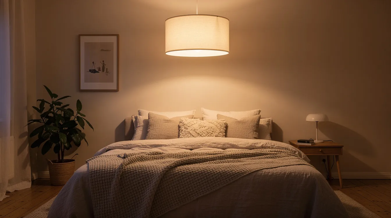 Ett mysigt sovrum med en rund taklampa som har en vit textilskärm, vilket ger ett varmt och inbjudande ljus. Taklampan sprider ett behagligt belysning och passar perfekt för att skapa en avslappnande atmosfär i rummet.