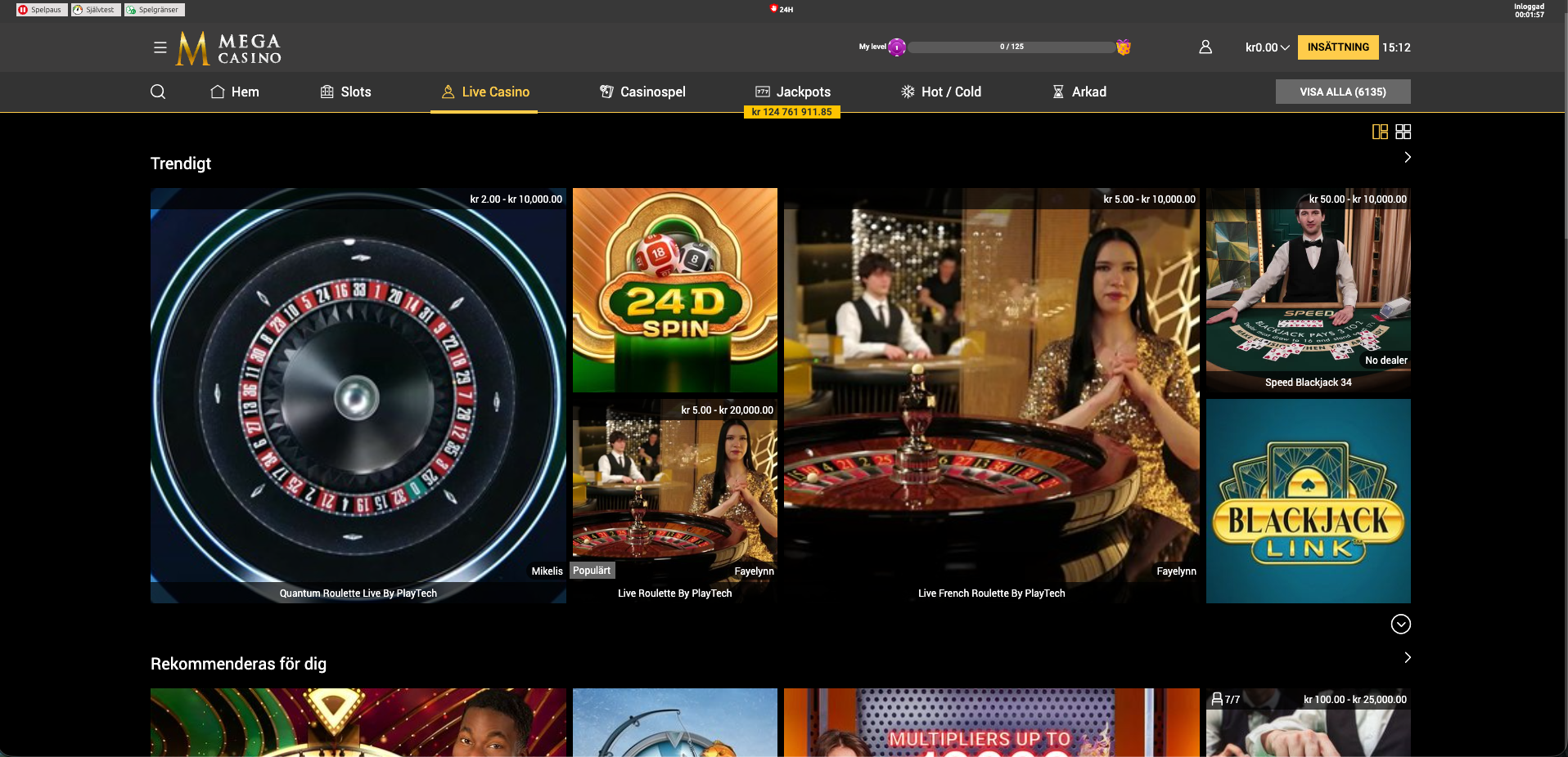 Mega Casino live casino med roulette och blackjack för svenska spelare