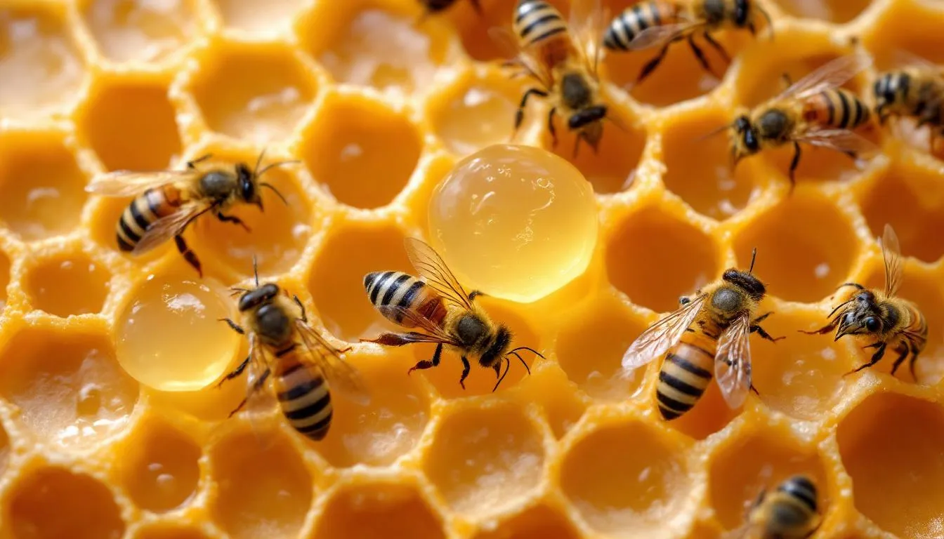 A close-up image showcases worker bees diligently tending to honeycomb, with distinct deposits of royal jelly visible among the hexagonal cells. This gelatinous substance, produced by nurse bees, is crucial for the development of queen bees and is noted for its potential health benefits, including support for the immune system.
