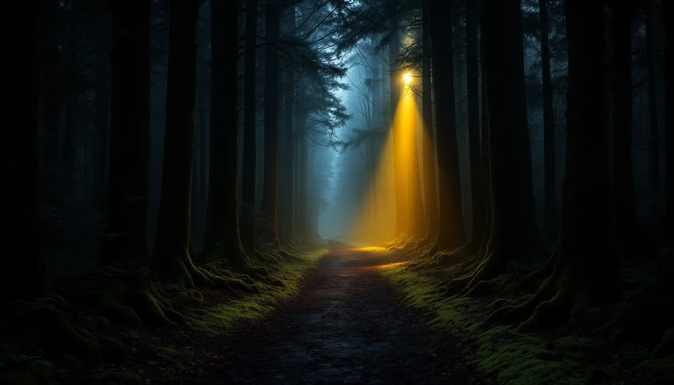 In a dark forest, a narrow path is illuminated by a single beam of light piercing through the dense trees, symbolizing the spiritual awakening journey. This contrast between darkness and light reflects the process of self-discovery and the search for spiritual insights amidst life's challenges.