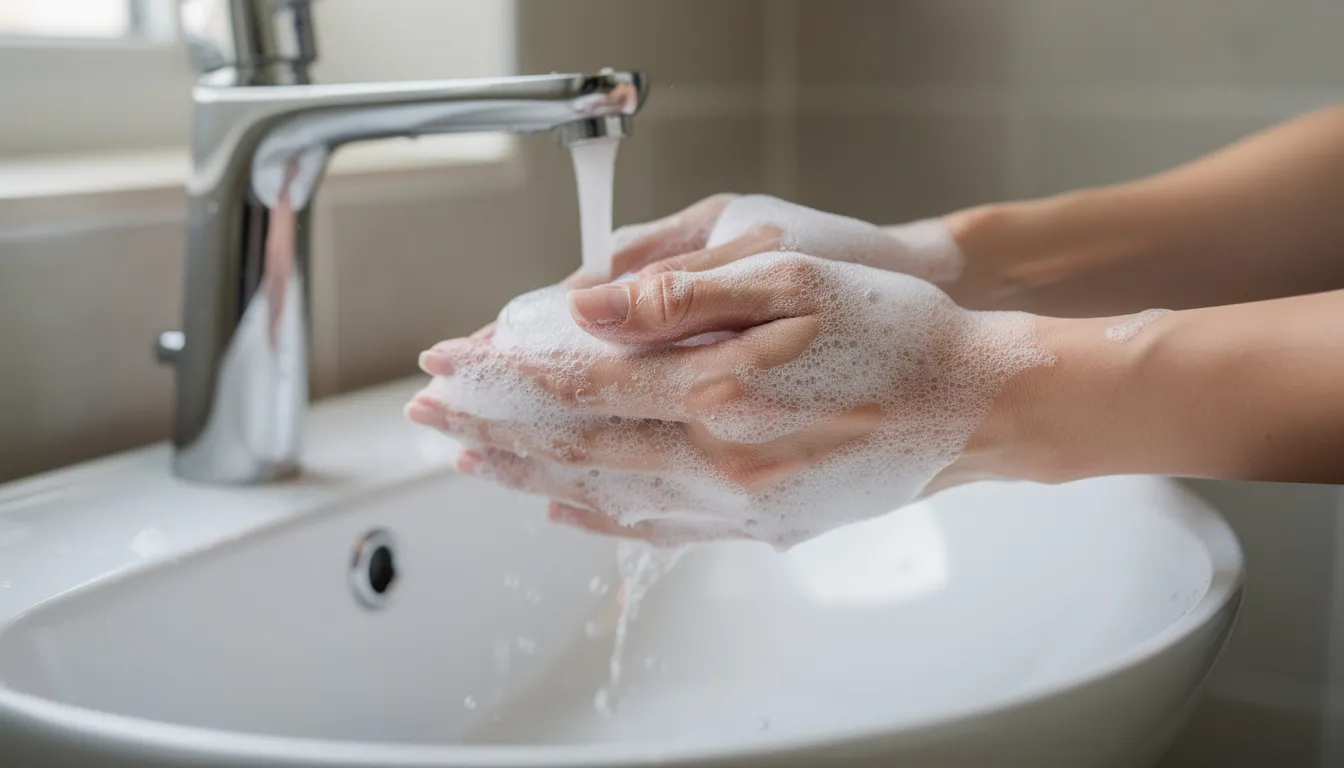 A person is washing their hands thoroughly with soap at a sink, emphasizing the importance of hygiene to prevent infections, especially for cat owners who may be at risk of exposure to harmful bacteria from cat feces and urine. This practice helps reduce the chances of zoonotic diseases like toxoplasmosis, which can affect human health.
