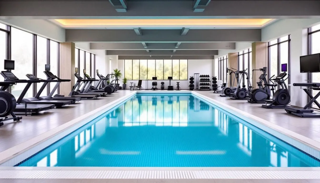 The image depicts a spacious indoor pool surrounded by modern fitness equipment, highlighting the amenities available at a hotel in Lexington, Kentucky. This facility is conveniently located within walking distance of attractions like Rupp Arena and the Lexington Opera House, making it an ideal spot for relaxation and fitness during your stay.