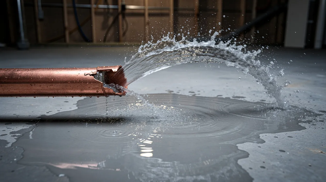 Water is spraying from a burst copper pipe in a residential basement, creating a pool on the concrete floor. This plumbing issue highlights the importance of reliable plumbing services to quickly address leaks and prevent further damage.