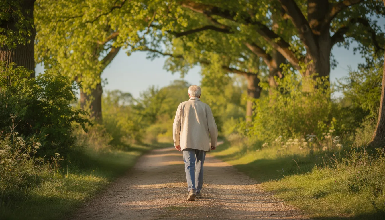 An older adult walks along a sunny path surrounded by trees, embodying the essence of healthy aging and vitality. This serene outdoor scene reflects the importance of regular exercise and the potential benefits of NMN supplementation for maintaining energy metabolism and cognitive health in older adults.