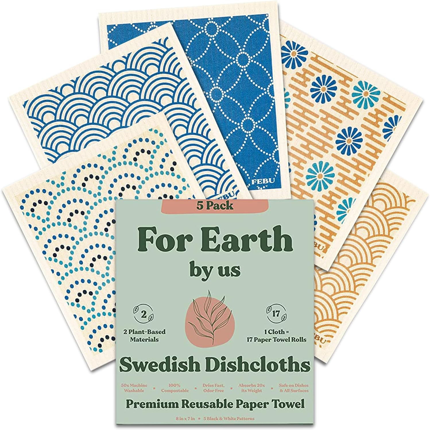 FEBU Swedish Dishcloths for Kitchen | 5 Pack Japanese Pattern Dish Towels | Reusable Paper Towels Washable