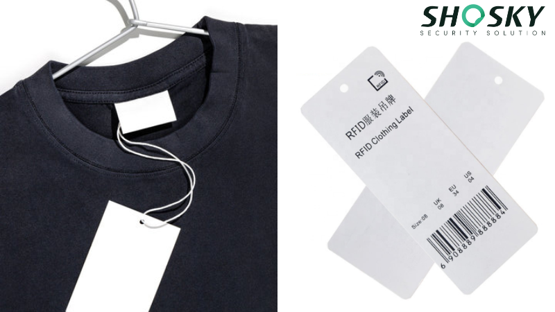 White rectangular RFID apparel label featuring barcode and size details
