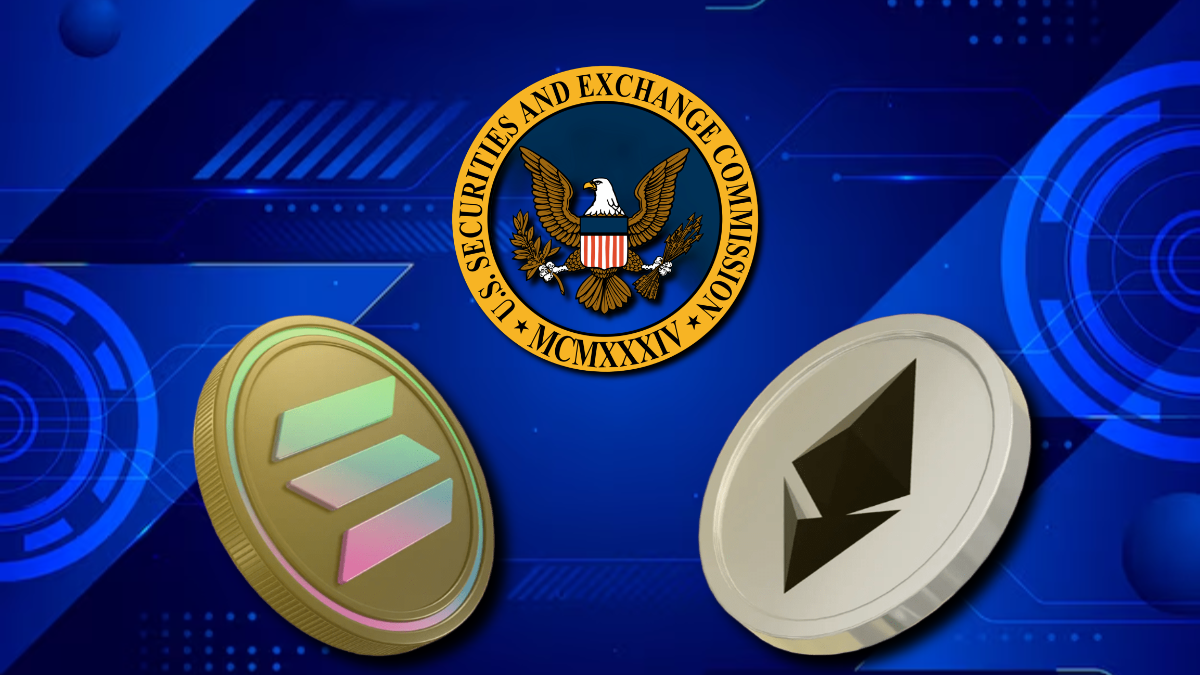 An illustration representing Solana, Ethereum and the US SEC images