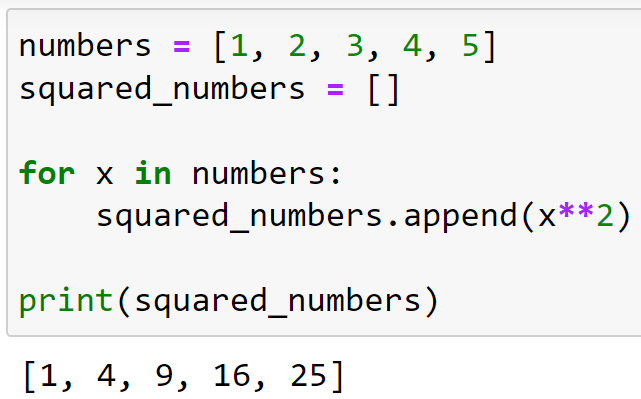 Using for loops to square numbers in a list