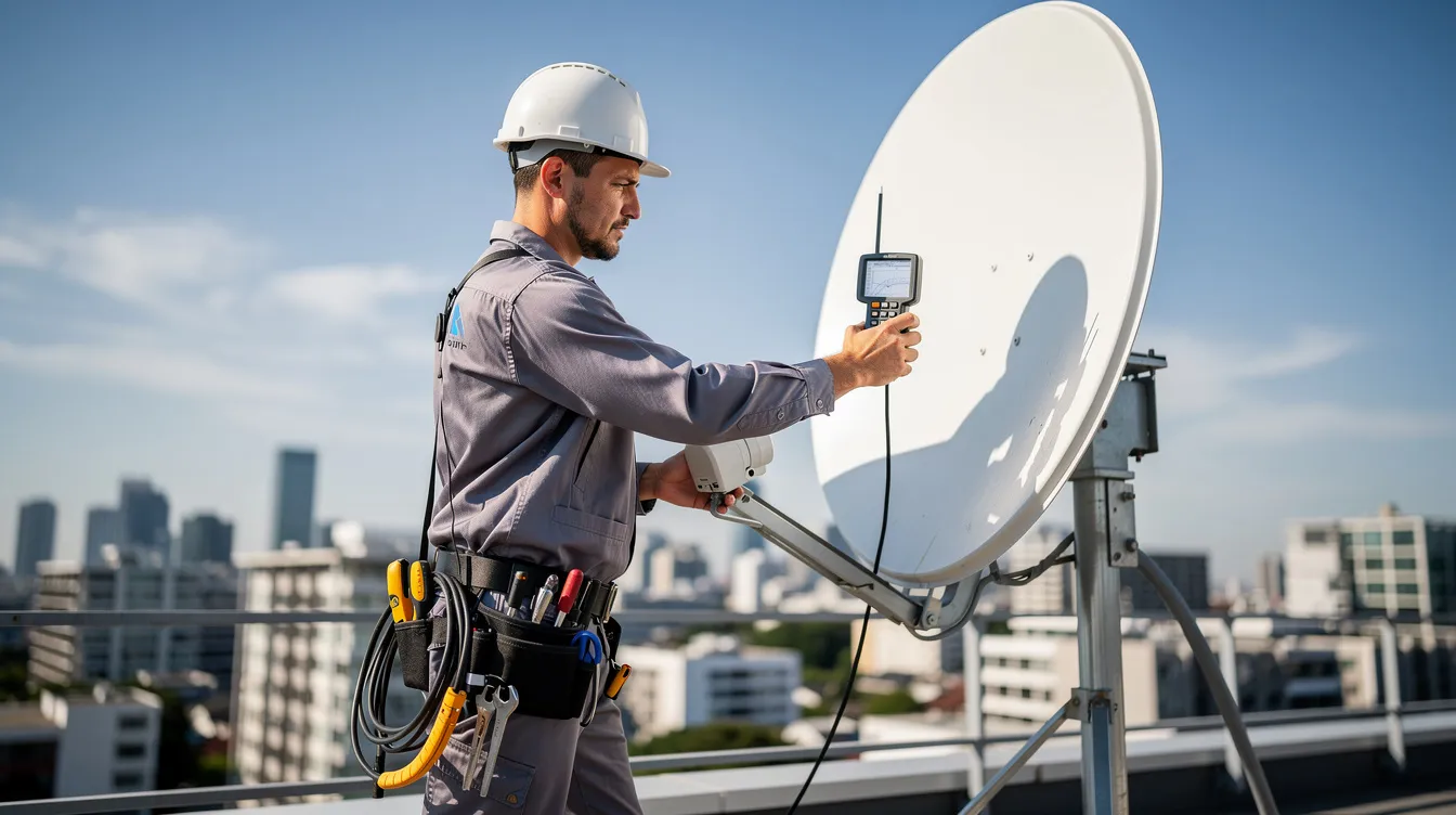 A professional satellite TV technician is on a rooftop, adjusting a satellite dish while holding a digital signal meter to ensure optimal signal strength for the DSTV service. The technician is focused on fixing any potential signal problems, such as the common e48 32 error, to provide seamless TV reception.