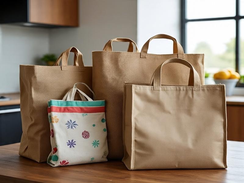 An image of four reusable shopping bags on a wooden table, three are plain brown fabric bags and one is a white fabric bag with colorful patterns, placed in a bright kitchen near a window.