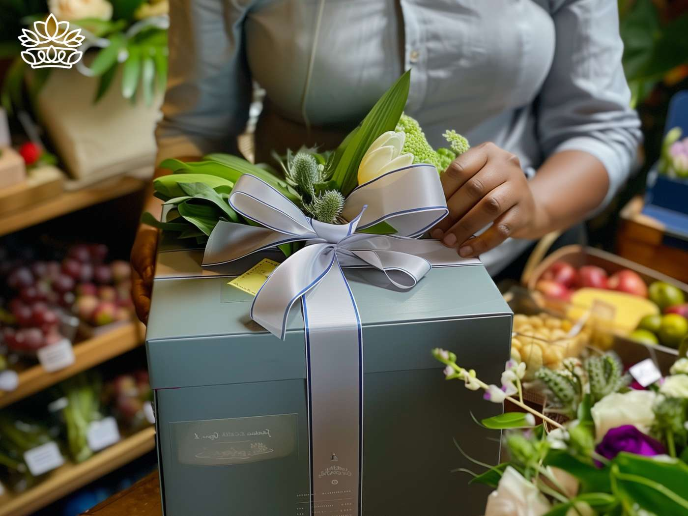 Artistic presentation of a luxury gift box with a lush arrangement of artificial greenery and flowers, secured with an elegant silver ribbon, showcasing the bespoke floral offerings from Fabulous Flowers and Gifts.