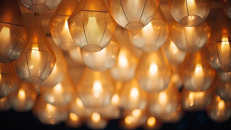 Cluster of warm-toned pendant LEDs