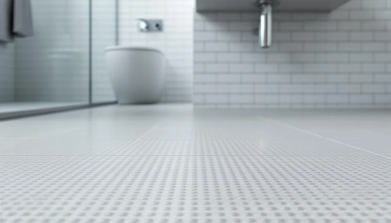 Slip-resistant textured flooring in modern accessible bathroom, featuring a white toilet and glass shower enclosure.