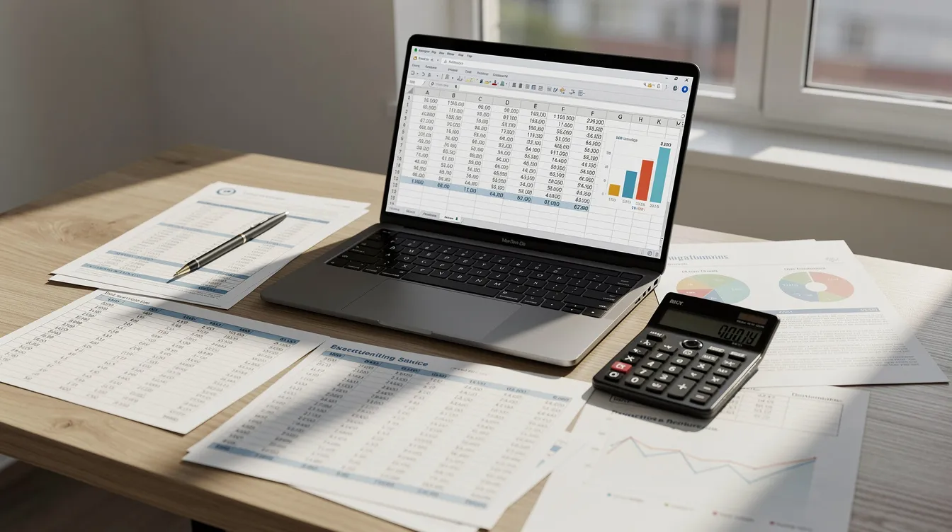 9cbf7728 e63e 410d 8210 70fcb720a99a The image shows a cluttered desk featuring financial documents, a calculator, and a laptop displaying spreadsheet calculations related to a poha manufacturing project. It highlights key financial aspects such as debt service coverage ratio, cash flow, and total project cost, essential for evaluating the project's viability and profitability.