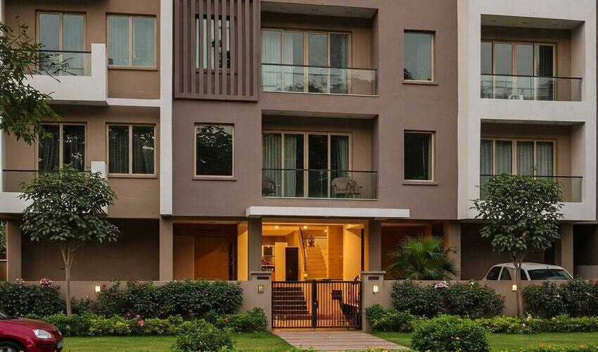 Contemporary apartment building facade in Pimple Nilakh, Pune, showcasing available modern housing options.