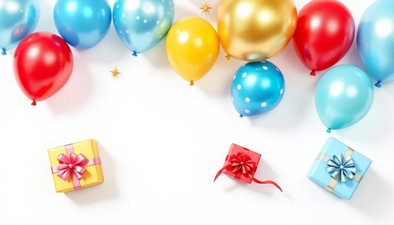 Na jasnym tle znajdują się kolorowe balony oraz różnorodne pudełka prezentowe, które mogą być idealnym wyborem na prezent urodzinowy. Taki zestaw z pewnością wywoła uśmiech i sprawi radość obdarowanej osobie.