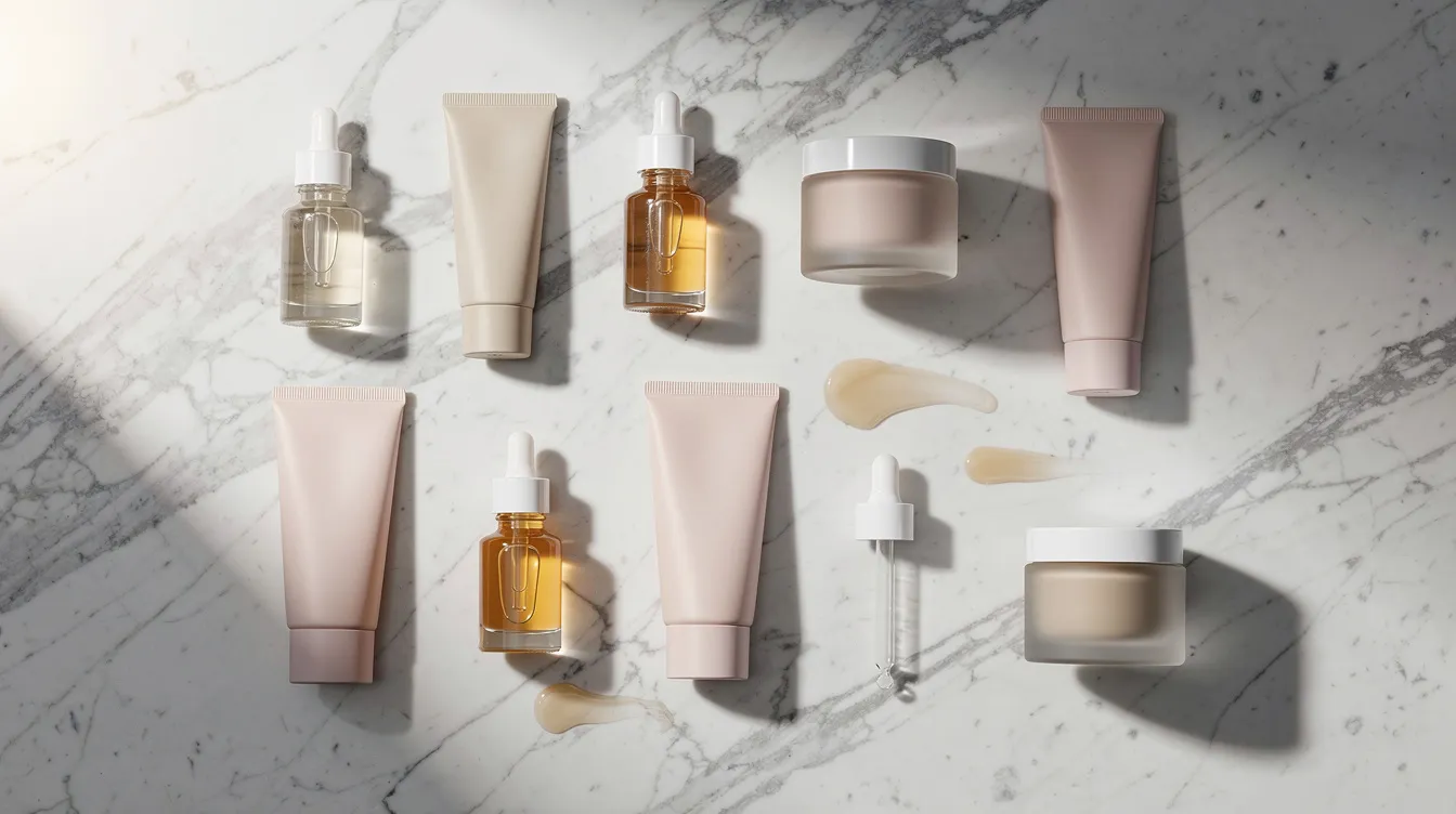 A flat-lay arrangement showcases various skincare jars, tubes, and dropper bottles on a sleek marble countertop, illuminated by soft natural light. The collection emphasizes products suitable for sensitive and dry skin, featuring hydrating ingredients like hyaluronic acid and shea butter, perfect for maintaining a healthy skin barrier and combating dryness.