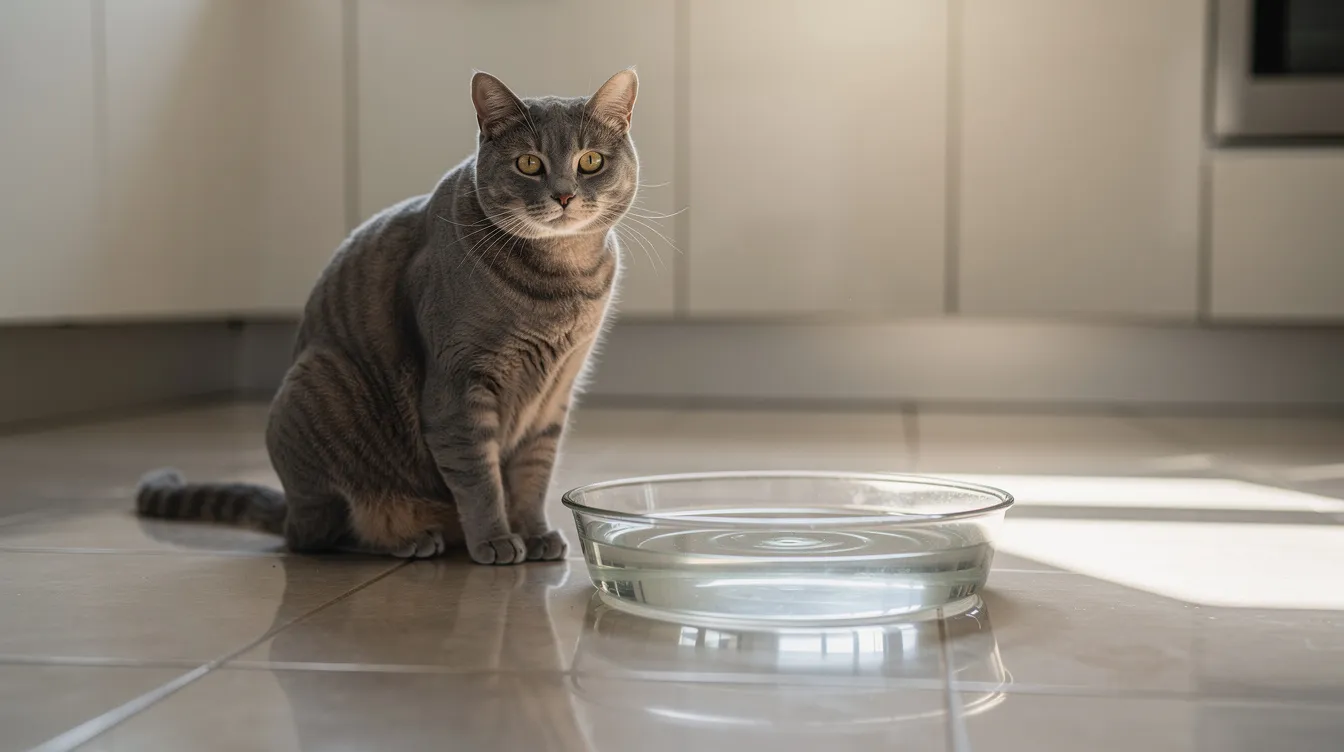 A domestic cat sits beside a water bowl on a kitchen floor, looking curious and alert. The cat's presence may remind owners of the importance of maintaining a clean litter box to prevent strong-smelling cat urine and unpleasant odors in the home.