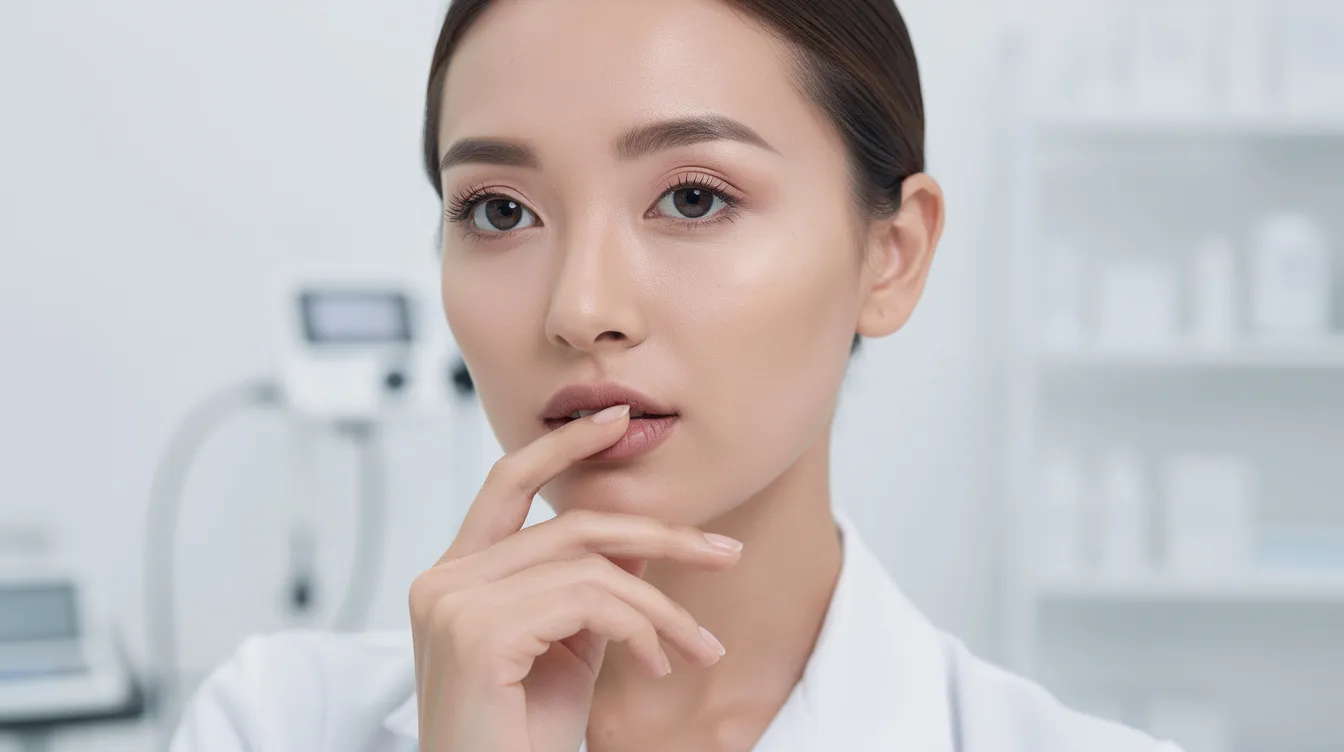 A close-up image features a woman delicately touching her lips in a bright, clinical environment, suggesting a focus on cosmetic procedures like lip fillers. The clean setting emphasizes the importance of treatment plans and the use of hyaluronic acid for achieving a youthful appearance.