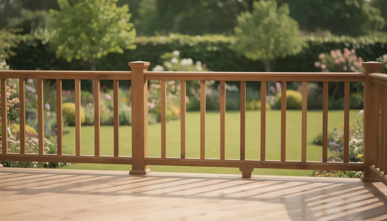 The image shows a wooden deck with a timber balustrade railing, providing a view over a lush garden. This outdoor space may require building consent from the Wellington City Council to ensure compliance with local building regulations and the New Zealand building code.