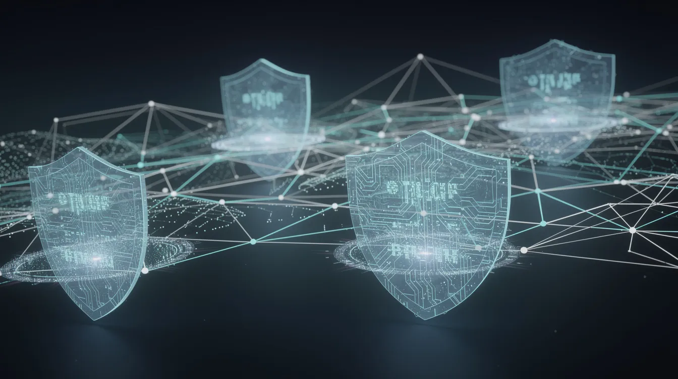 The image depicts an abstract visualization of interconnected network nodes and security shields, symbolizing the role of managed cybersecurity services in protecting against evolving cyber threats. This representation highlights the importance of security monitoring and threat detection in maintaining a strong security posture for organizations.
