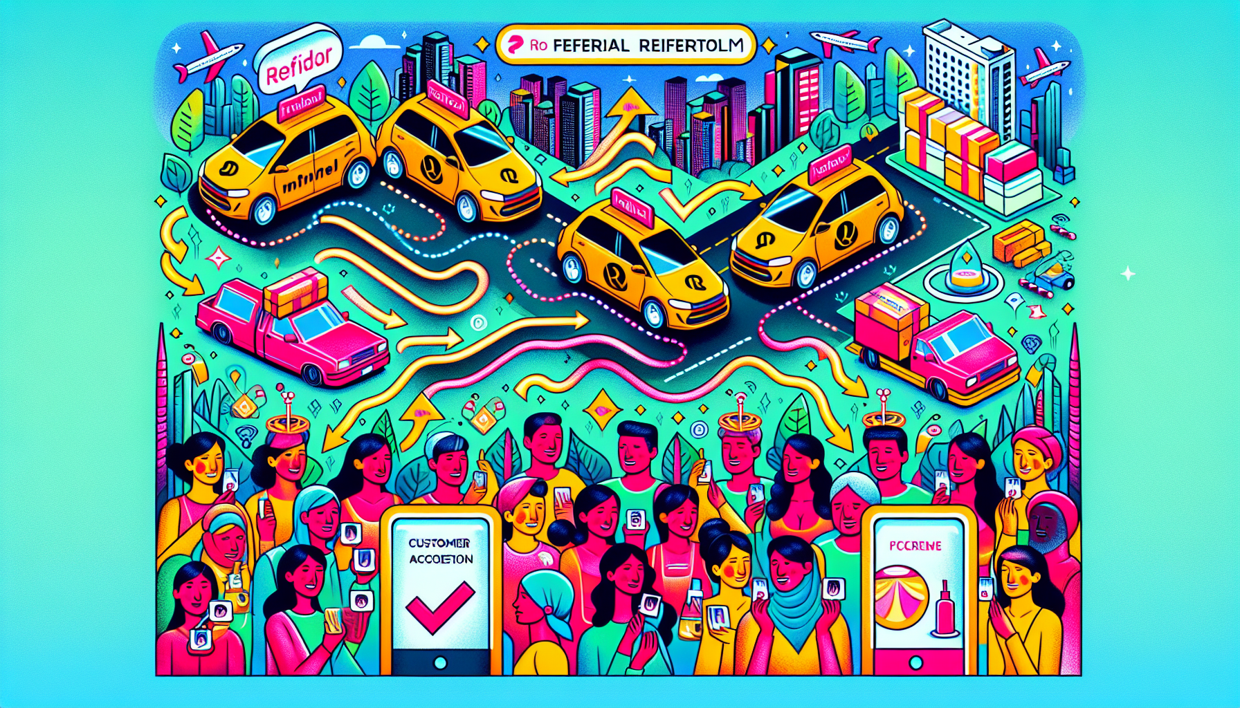 Illustration of successful referral marketing examples like Uber, Amazon Prime, and Glossier
