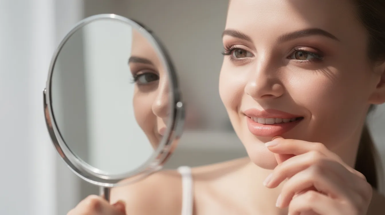 A woman is smiling with satisfaction as she examines her naturally enhanced lips in a handheld mirror, showcasing the subtle volume and defined cupid's bow achieved through lip filler injections. The image reflects her aesthetic goals of restoring volume and achieving a beautiful, youthful appearance.