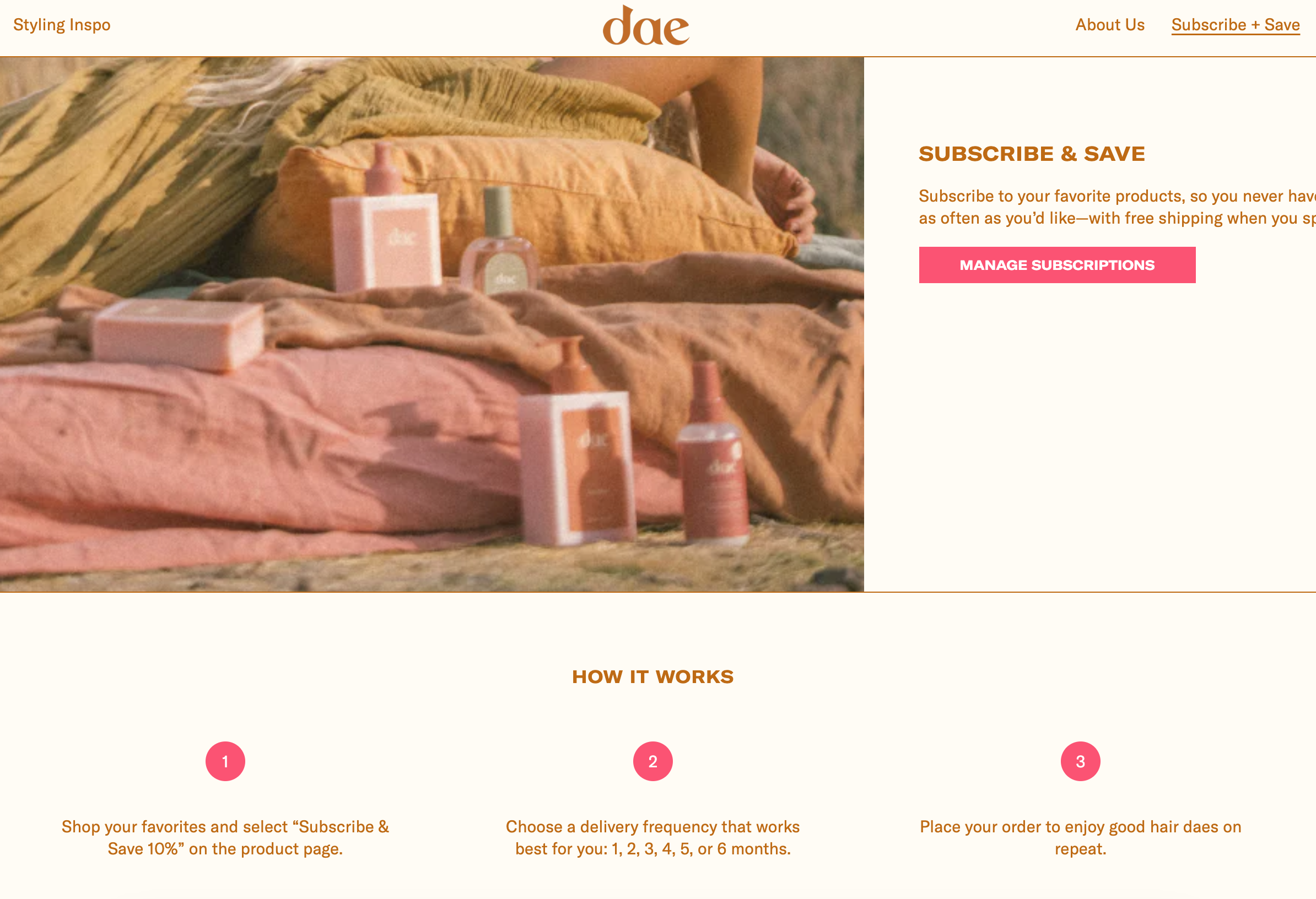 An image of the subscription overview page for Dae Hair.
