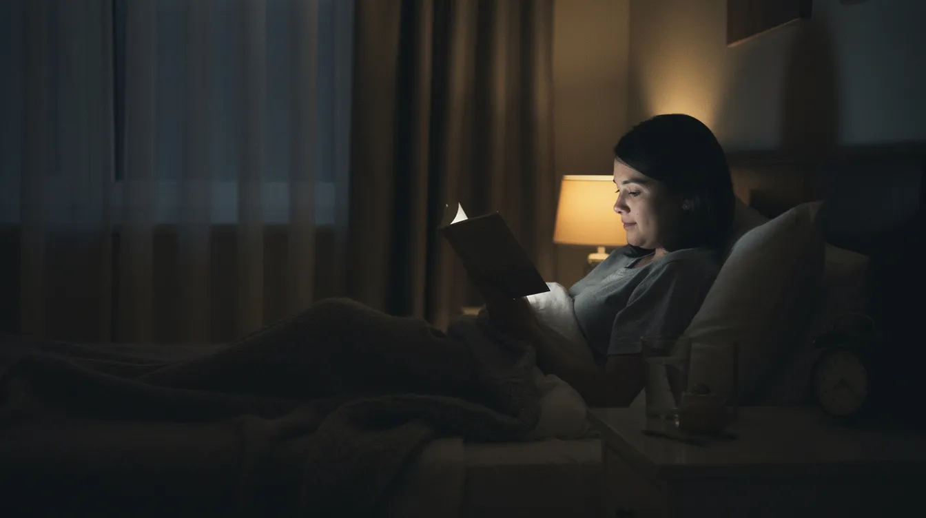 A person is sitting comfortably in bed, reading a book under soft, dim lighting, creating a calming atmosphere conducive to sleep. This scene reflects good sleep hygiene practices, which may help those with sleep disorders like insomnia or delayed sleep phase syndrome, and emphasizes the importance of a relaxing bedtime routine before taking melatonin supplements to aid sleep.