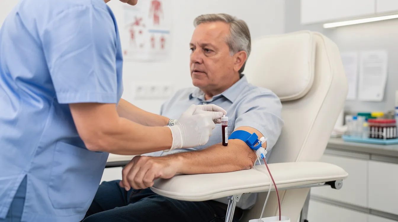 The image depicts a middle-aged individual seated in a medical clinic, having their blood drawn by a healthcare provider. This procedure is often part of routine blood tests to assess various health metrics, including cardiovascular disease risk factors and overall health, contributing to a deeper understanding of chronic diseases and longevity.