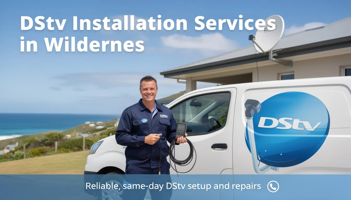 The image depicts a skilled DStv installer in Wilderness, carefully setting up a satellite dish for optimal reception. The technician is focused on ensuring the correct alignment of the DStv dish to provide the best signal for customers' favorite shows.