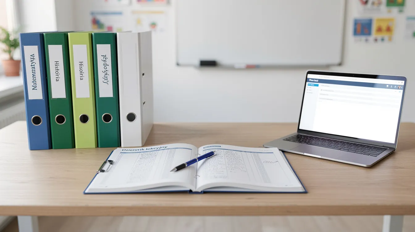 Na uporządkowanym biurku nauczyciela znajdują się segregatory, dziennik oraz laptop, co sprzyja efektywnemu prowadzeniu dokumentacji pedagogicznej zgodnej z obowiązującym programem nauczania. Biurko odzwierciedla także dbałość o higieniczne warunki nauki i organizację pracy dydaktycznej w ramach funkcjonowania szkoły.