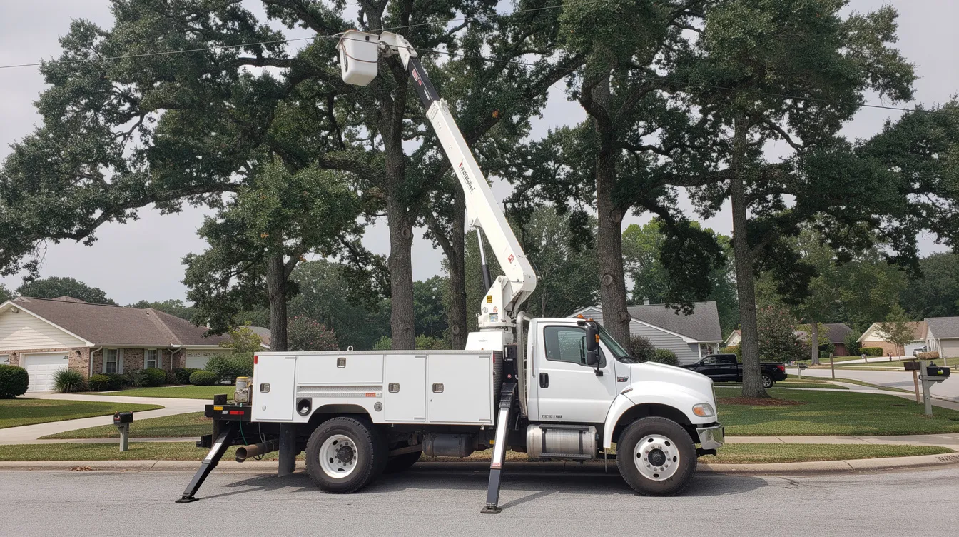 A white medium-duty forestry bucket truck, specifically an International 4300 model, is parked on a residential street with its boom extended toward tall oak trees, ready for tree service work. The truck features a single man bucket and is equipped with air brakes, showcasing its capabilities for aerial lift operations.