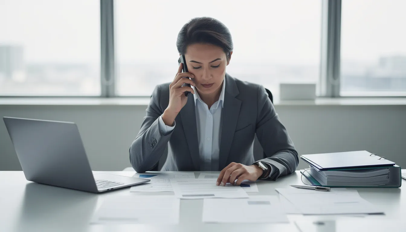 The image depicts a person engaged in a phone call while reviewing documents, possibly related to employment issues or workers compensation claims. The individual appears focused, suggesting they may be discussing important topics such as workplace safety or wage claims under Colorado's wage laws.