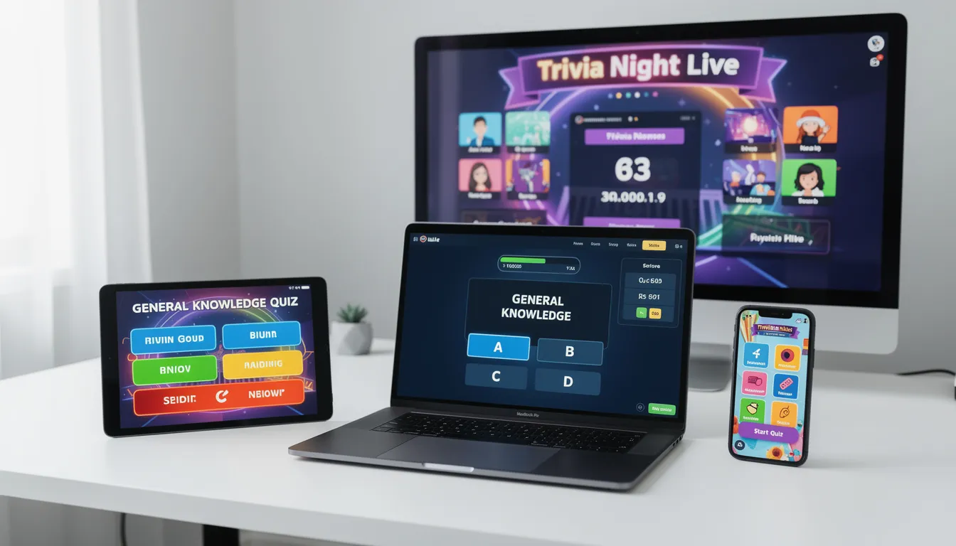 The image features multiple devices, including smartphones and tablets, displaying various trivia game interfaces and quiz applications. Each screen showcases different trivia questions and multiple-choice answers, highlighting the fun and engaging nature of trivia games.