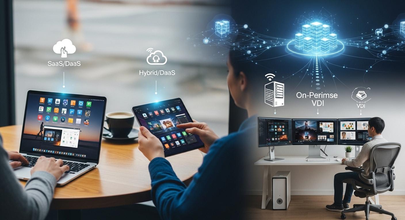 Remote users accessing virtual desktops from laptops, tablets, and desktops, connected to centralized computing resources through different delivery models.