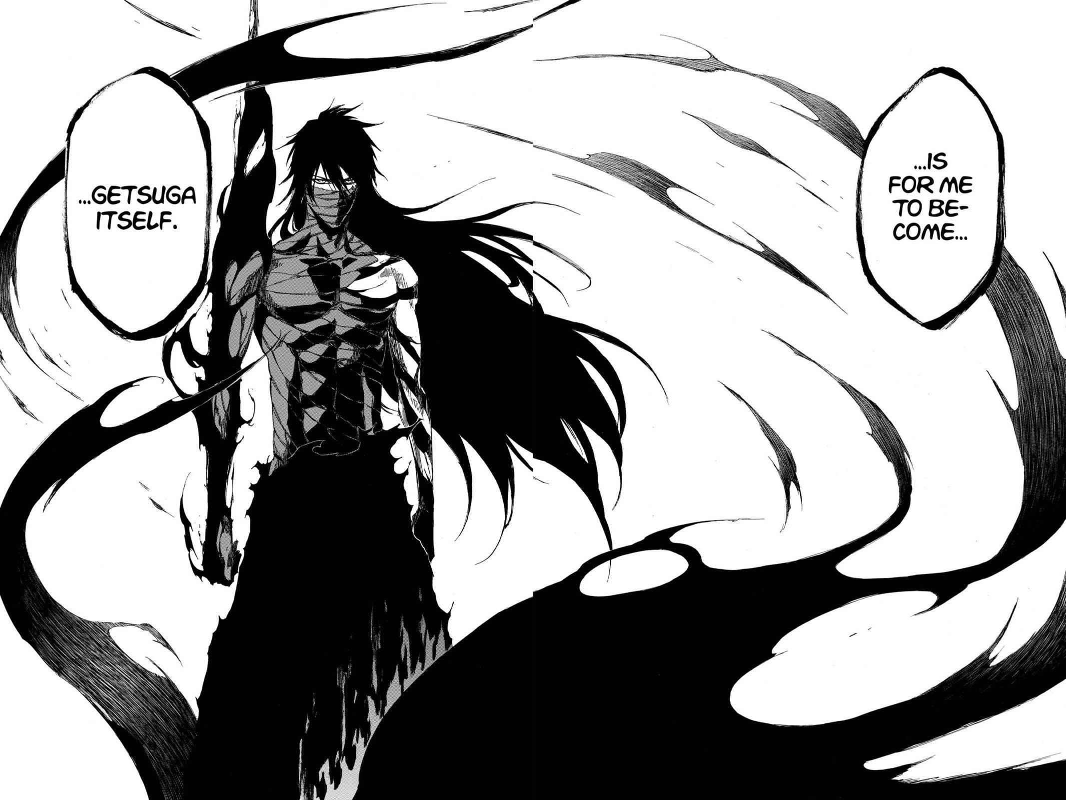 Ichigo's Getsuga Tenshou form covered in bandages and darkness from Bleach