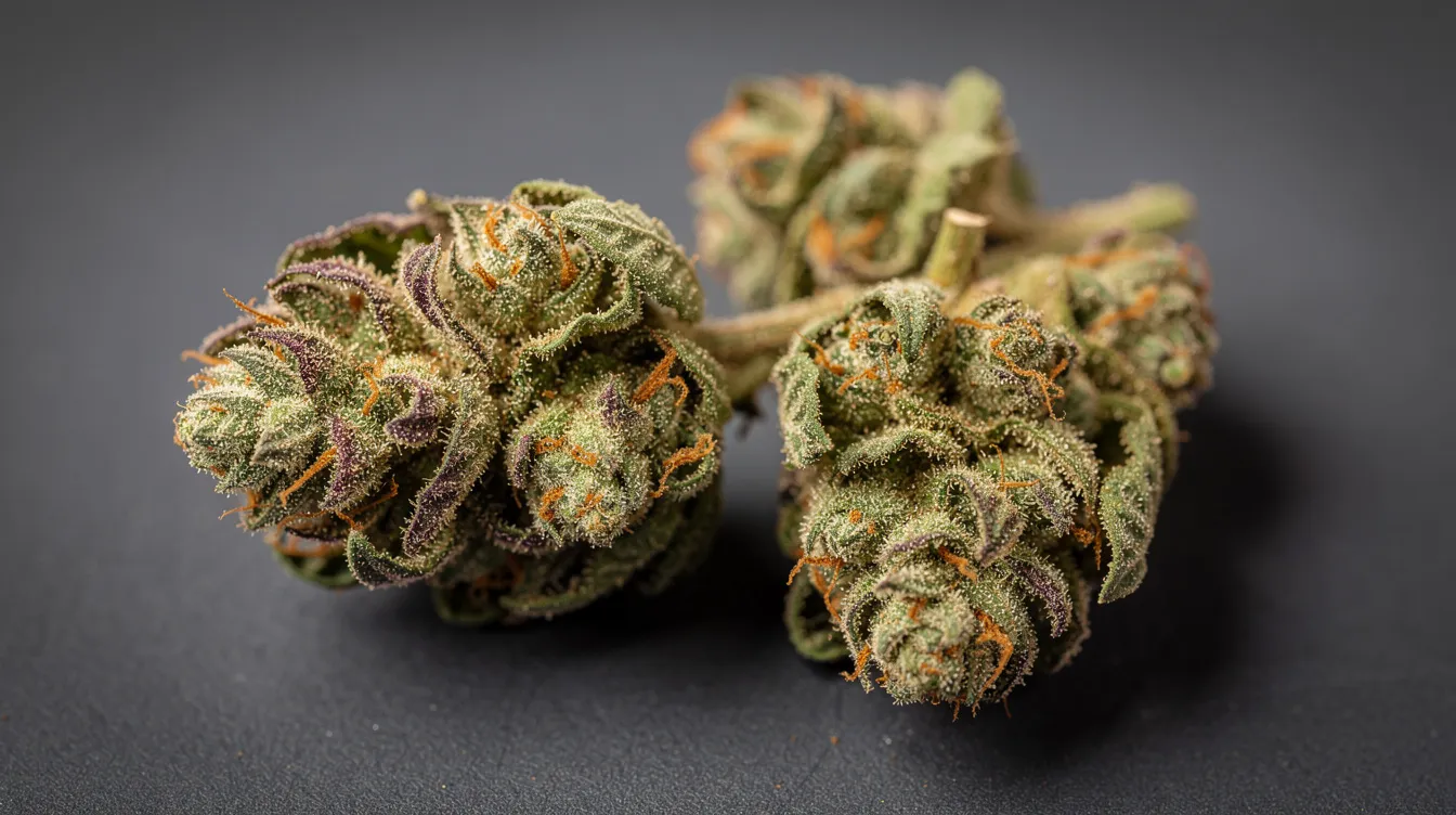 The image shows a detailed view of raw cannabis flower buds with a rich green color and visible trichomes, resting on a dark surface. This depiction highlights the premium quality of cannabis flower, which is subject to various cannabis regulations and legal implications under Illinois law.